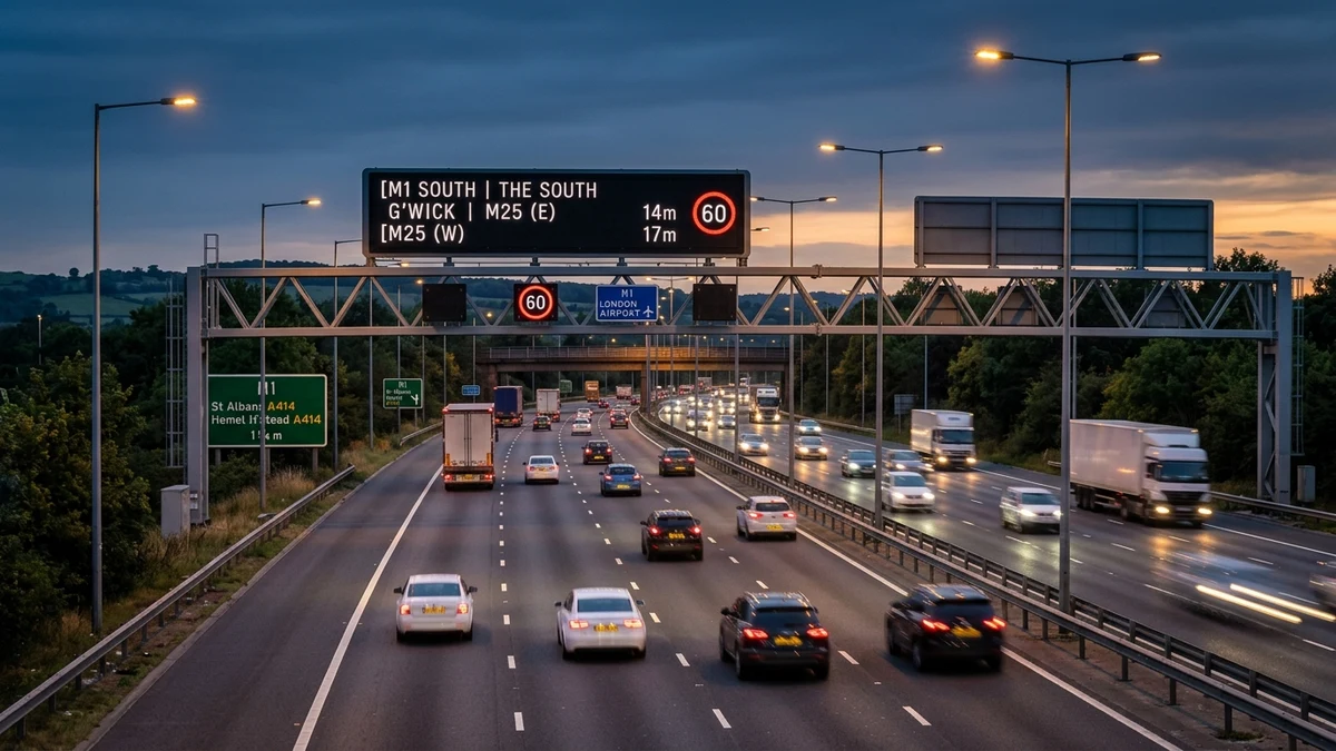 UK motorway network electronic gantry signage and traffic incident monitoring background